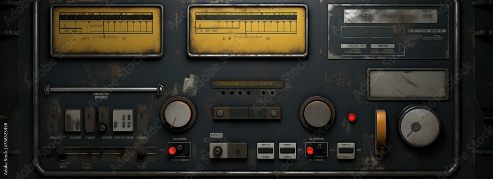 Poster a control panel with various buttons and knobs. generative ai.