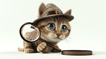 A charming 3D cat character dons a classic detective hat and diligently investigates with a magnifying glass. This whimsical illustration in high-resolution presents a lovable feline detecti - obrazy, fototapety, plakaty