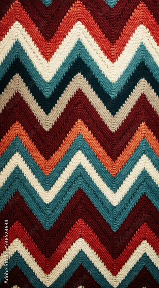 Poster a colorful chevron pattern rug with a red, blue and orange color scheme. generative ai.