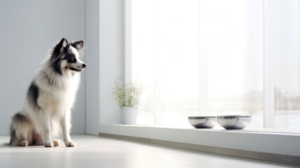 Puppy eats food from a bowl, a light white modern apartment at background