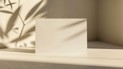 A beautiful blank greeting card mockup featuring a soft shadow, elegantly positioned on a light surface. Perfect for displaying custom-designed cards, this mockup allows you to showcase your