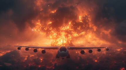 Airplane flying with fire in the sky