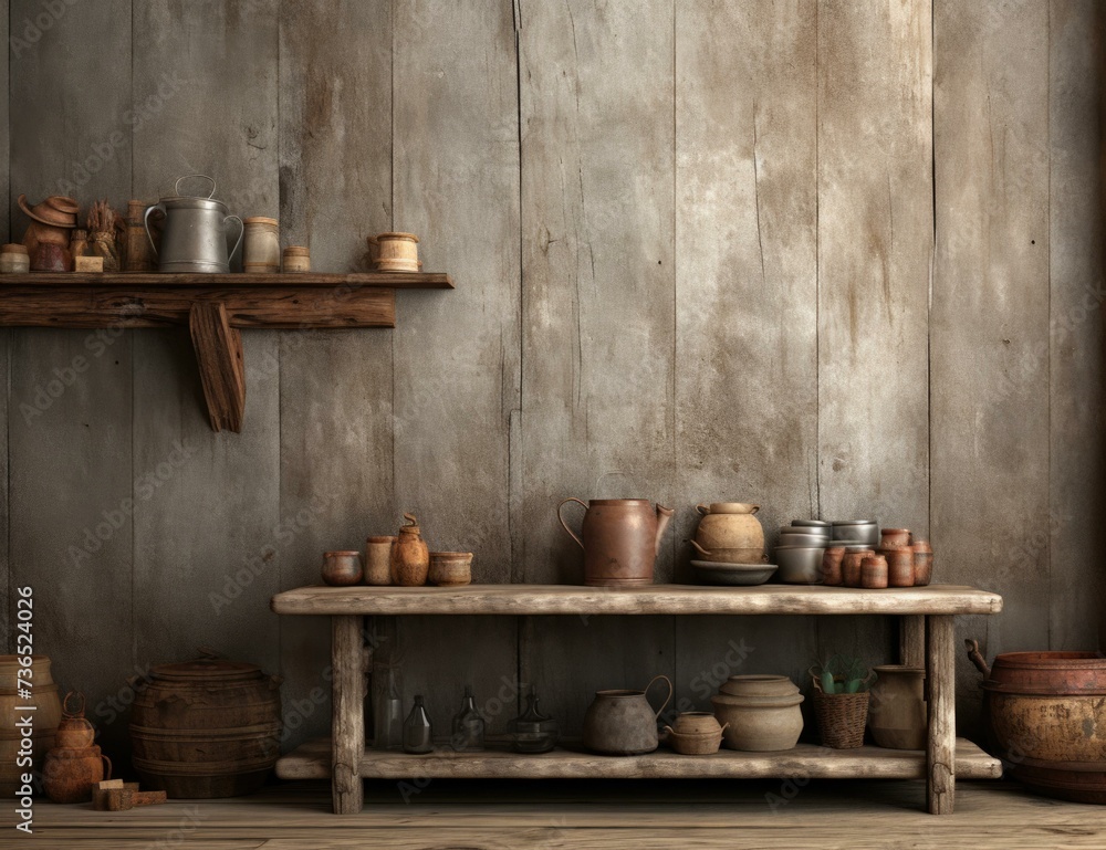 Poster a wooden table with pots and other items on it. generative ai.