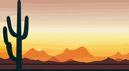 Desert landscape abstract art background. Texas western mountains and cactuses. Vector illustration of Wild West desert with red sky and sun. Design element for banner, flyer, card, sign template. - obrazy, fototapety, plakaty
