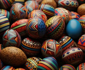 Many colorful painted eggs are arranged in a pile. Generative AI.