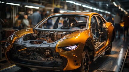 Obraz premium a car is being assembled on a conveyor belt in a factory