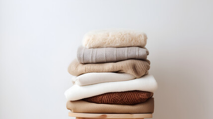 Stack of warm neutral beige clothes on wooden stool over white wall. - obrazy, fototapety, plakaty