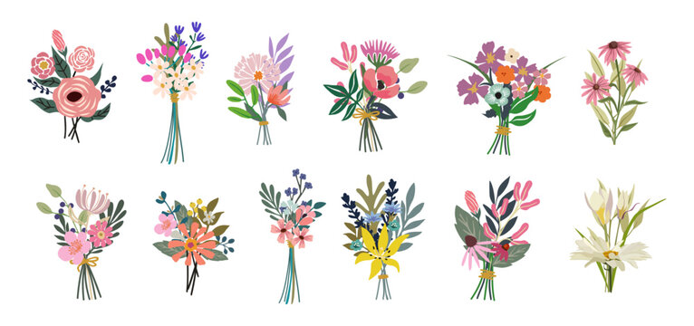 Set of different beautiful bouquets with garden and wild flowers. Collection of various blooming plants with stems and leaves. Cartoon colorful vector illustrations isolated on transparent background.