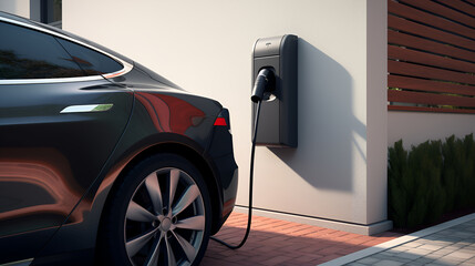 Fototapeta na wymiar Generic electric vehicle EV hybrid car is being charged from a wallbox near a contemporary modern residential building house