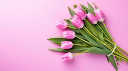 Fototapeta premium Floral background. Festive pink background with tulips, flat layer top view