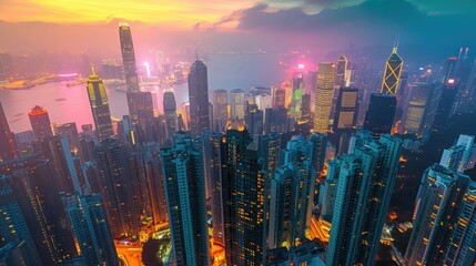 Top view of metropolis big city at night with skyline and modern archtecture.