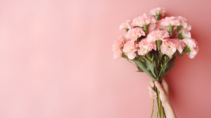 Female hands holding a bouquet of pink flowers close-up on a pink background.