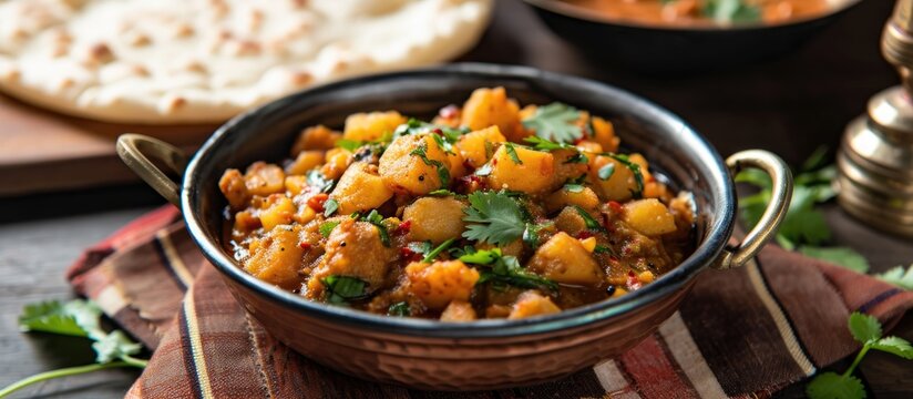 Indian-style mixed vegetable dry recipe, served with chapati, prepared in a bowl at a restaurant.