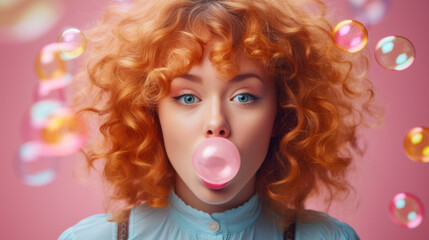Girl blows a bubble from bubble gum on a bright vibrant background - obrazy, fototapety, plakaty