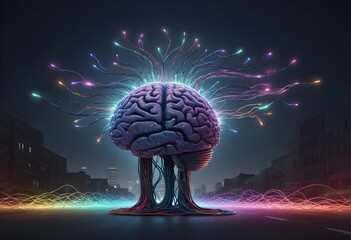 A stylized human brain with tree-like structures and colorful neon lights resembling synapses in a dark urban street setting - obrazy, fototapety, plakaty