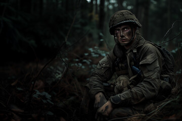 Fototapeta premium soldat homme dans la forêt de nuit en tenue de combat et de camouflage avec un maquillage de camouflage sur le visage Espace négatif pour texte copyspace