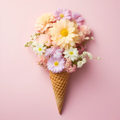 waffle sweet cone with blossom flowers over pastel light pink background, top view.