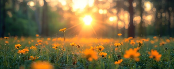 A serene meadow at sunset with yellow flowers and a blurred forest background. Concept Golden Hour Bliss, Meadow Serenity, Sunset Glow, Nature's Canvas, Floral Fantasy
