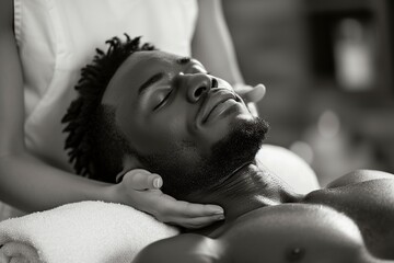 african american receiving a facial massage in the clinic - obrazy, fototapety, plakaty