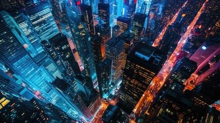 Bird's eye view of city panoramic landscape at night with huge buildings - obrazy, fototapety, plakaty
