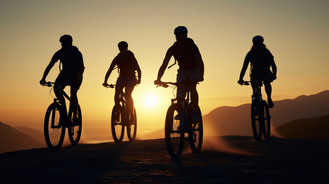 Group of mountain bikers, silhouetted against the rising sun