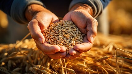 Close-up of the hands of a farmer holding a handful of wheat grains in a wheat field. Agricultural and harvest concept - obrazy, fototapety, plakaty