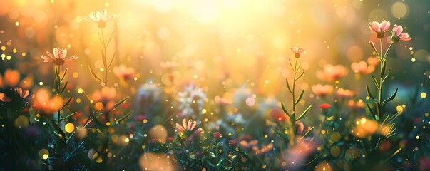 Vibrant wildflower meadow with sunlight and sparkling bokeh lights  natures captivating canvas. Concept Sunset beach picnic with friends, Adventure hiking through the mountains