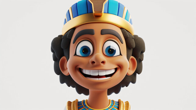 A delightful 3D illustration of a cheerful pharaoh in a close-up portrait. This whimsical cartoon character, with a charming smile and traditional headdress, brings a touch of ancient Egypt