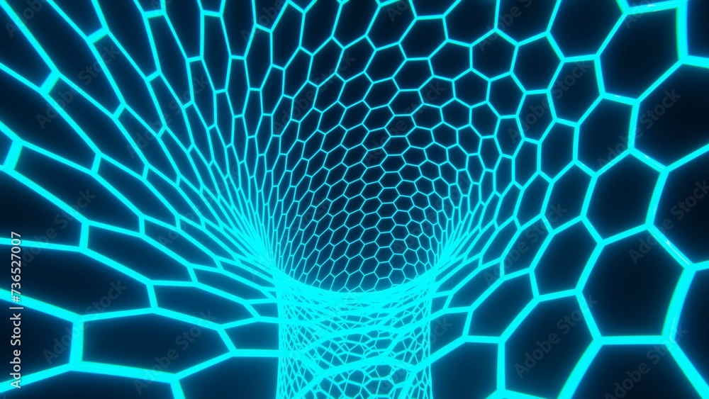 Poster abstract 3d neon glow laser futuristic geometric hexagon tunnel background. computer graphics render