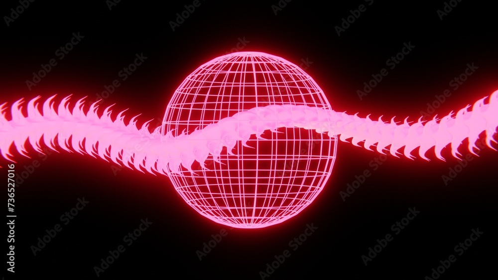 Fototapete abstract 3d modern snake dragon scale spiral neon shiny shapes sphere disco ball. 4k computer graphi