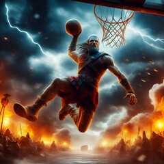 Fantastic basketball player slam dunk the ball into basket. Fantasy scene with fire, flame, smoke and explosion, background is snow, thunderbolt, flashlight and blizzard. Wallpaper and Wall Art