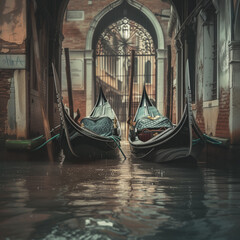 Venetian Gondolas on Serene Waterways - A Glimpse of Venice's Romantic Charm - obrazy, fototapety, plakaty