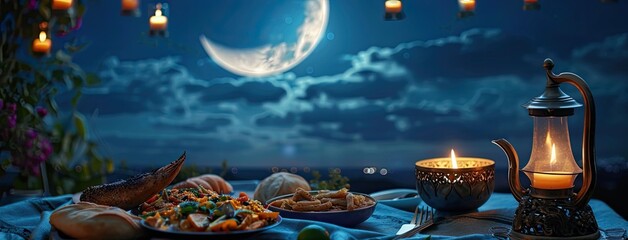 traditional Ramadan Iftar food against the backdrop of a serene moonlit sky, capturing the essence...