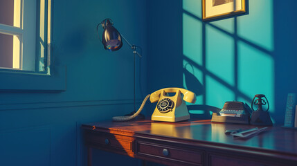 Rotary telephone on wood table in room. - obrazy, fototapety, plakaty