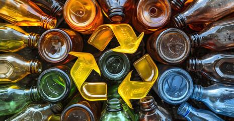 recycling symbol made from glass bottles on white background