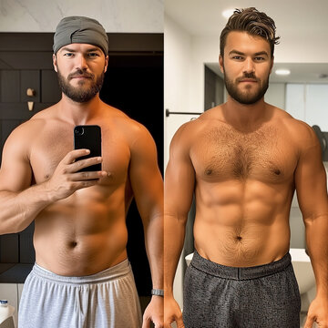 Avant / apr&egrave;s, la m&eacute;tamorphose physique d'un homme torse nu, apr&egrave;s une perte de poids et la reprise du sport. Physique, r&eacute;gime alimentaire, fitness, musculation, musculature
