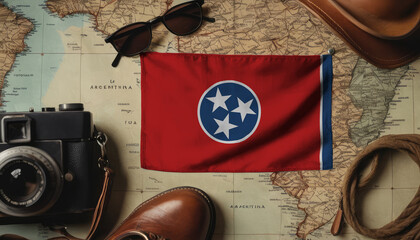 Tennessee flag lies on the map surrounded by camera, glasses, travel and tourism concept