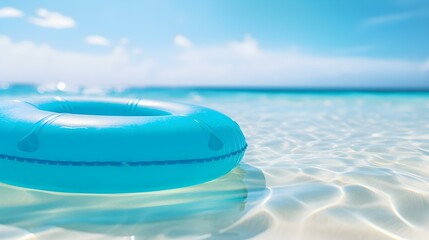 Blue inflatable Swim Ring floating on the Water. Beautiful Summer Vacation Background