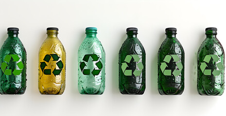recycling symbol made from glass bottles on white background