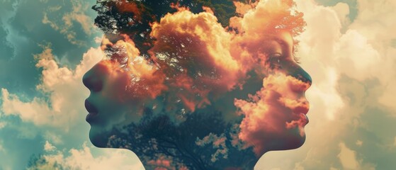 Double exposure portrait of a couple with cloudscape, conceptual image about dreamy and ethereal love. - obrazy, fototapety, plakaty