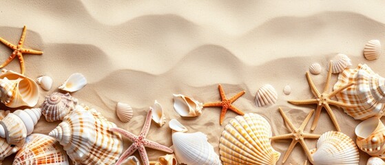 Assorted seashells and starfish on a sandy beach background with copy space.