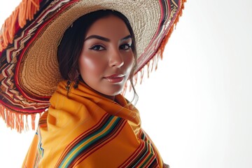 Beautiful young mexican woman wearing sombrero and poncho on white background