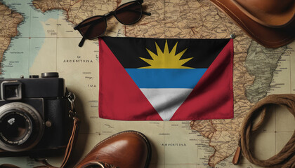 Antigua and Barbuda flag lies on the map surrounded by camera, glasses, travel and tourism concept