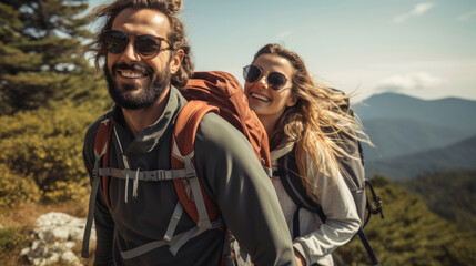 Nature, hiking happy couple having fun and enjoy mountain climbing journey