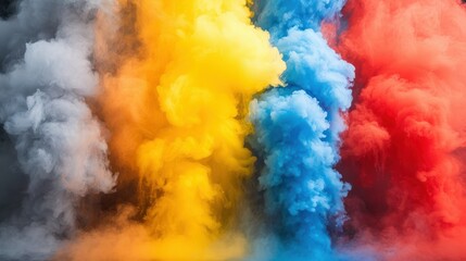 Colorful smoke plumes in red, yellow, and blue merging against a gray background, suitable for...