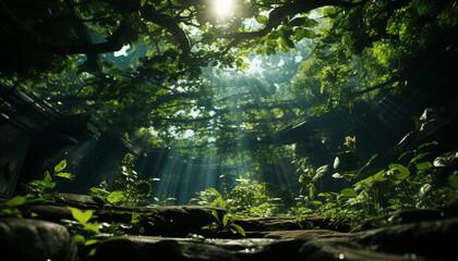 Fototapeta premium Tranquil scene green forest, sunlight, water, animals in the wild generated by AI