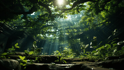 Tranquil scene  green forest, sunlight, water, animals in the wild generated by AI