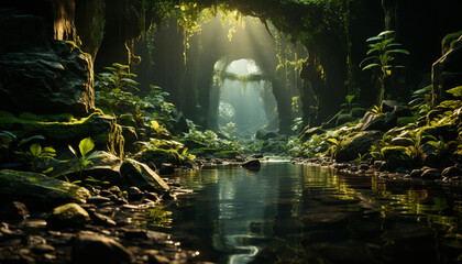 Majestic forest, green landscape, tranquil scene, flowing water, natural beauty generated by AI