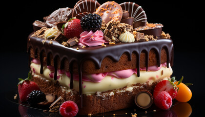 Gourmet chocolate dessert, sweet indulgence with fresh strawberry cream generated by AI