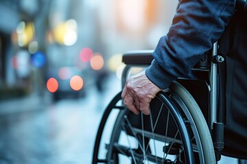 Obraz premium Male hand on wheelchair on blurred background